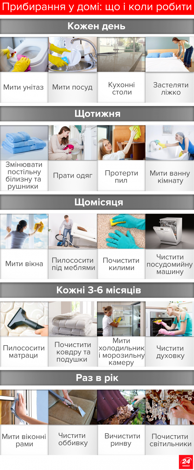Щодня чи раз в рік: як часто треба прибирати вдома – інфографіка